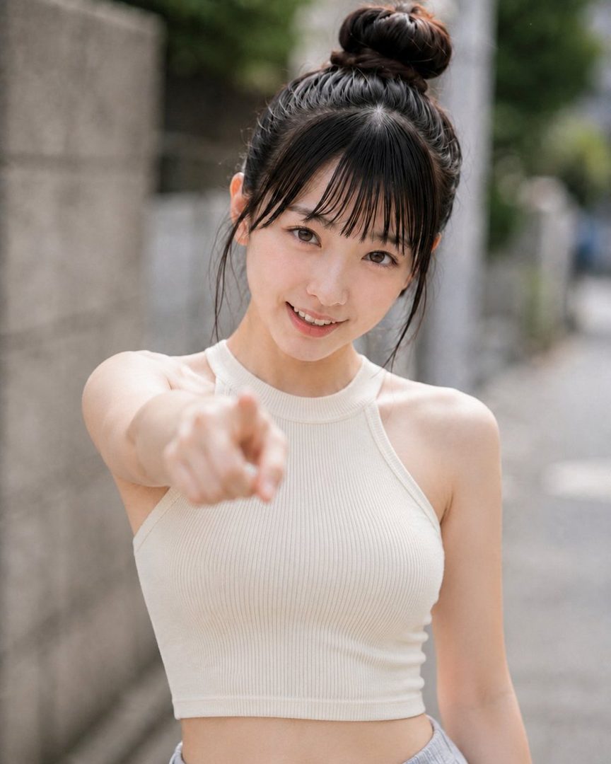 A young woman with black hair tied in a bun and bangs, wearing a light-colored halter top, points directly at the viewer with a smile.