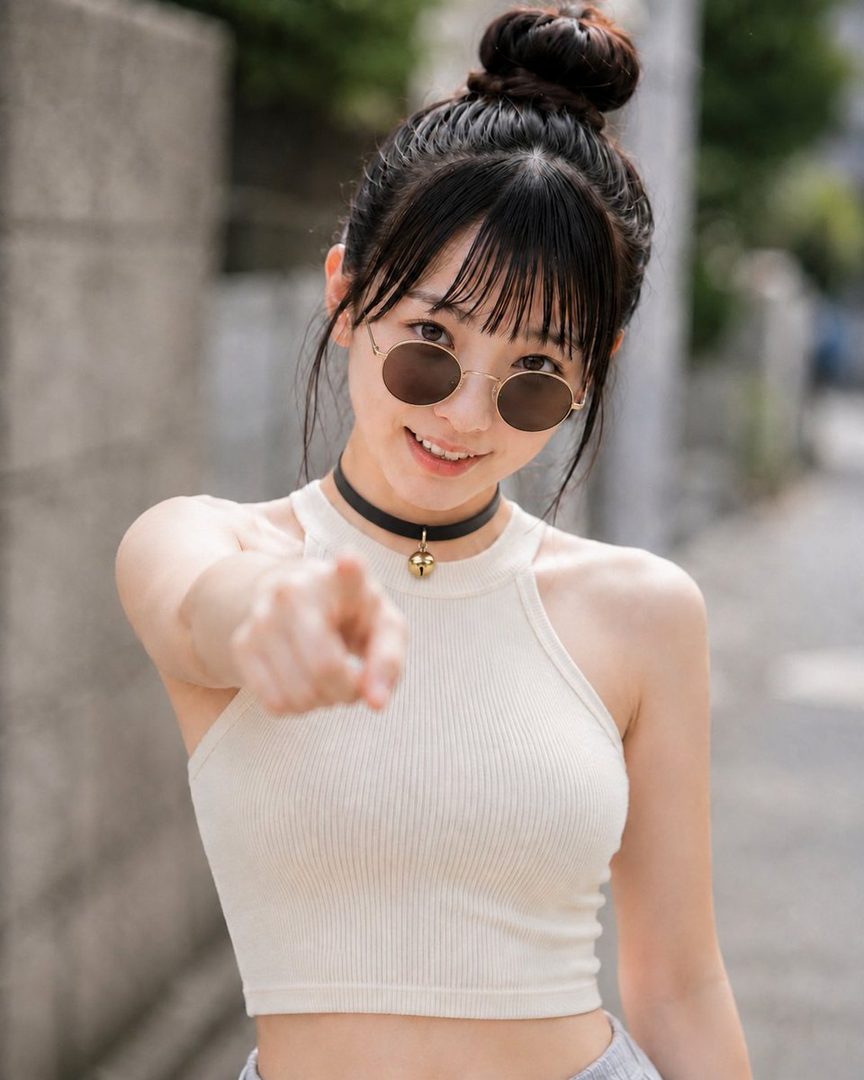 A young woman with black hair tied in a bun and bangs, wearing round sunglasses and a white halter top, points directly at the viewer on a sunny street.