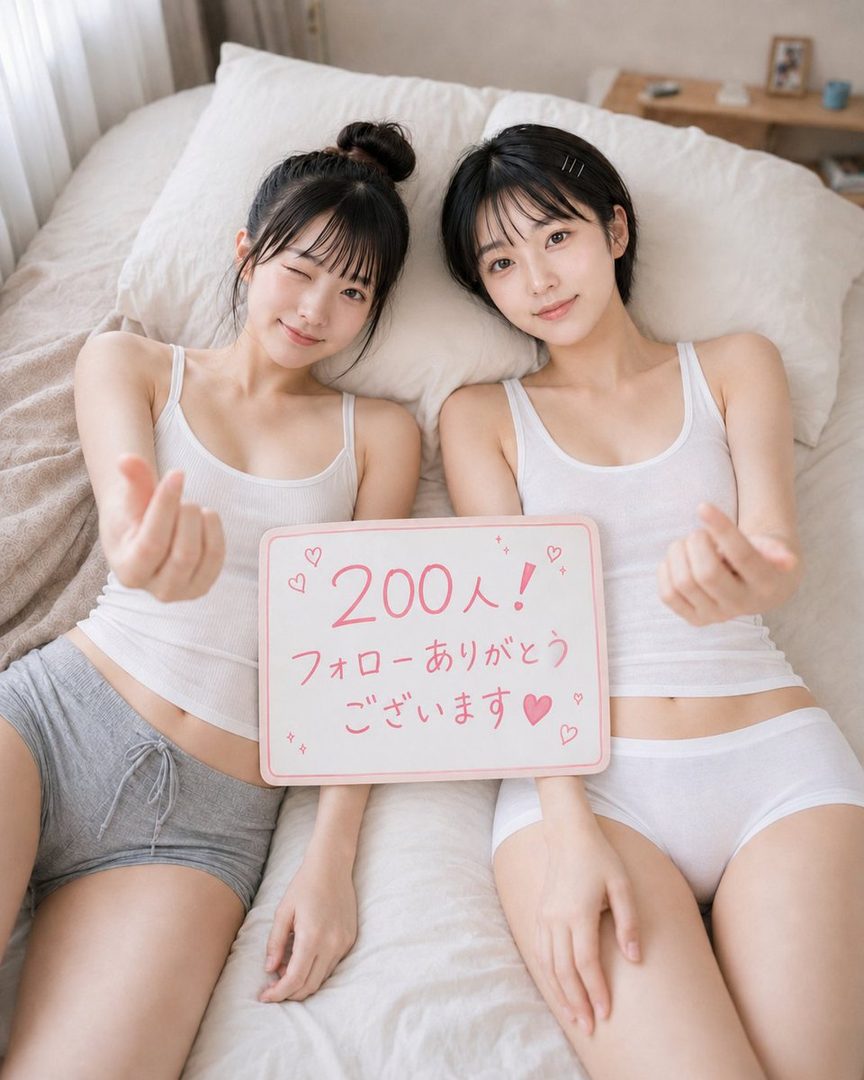 Two young women in white tank tops and shorts lie on a bed, holding a sign that says "200 people! Thank you for following!"