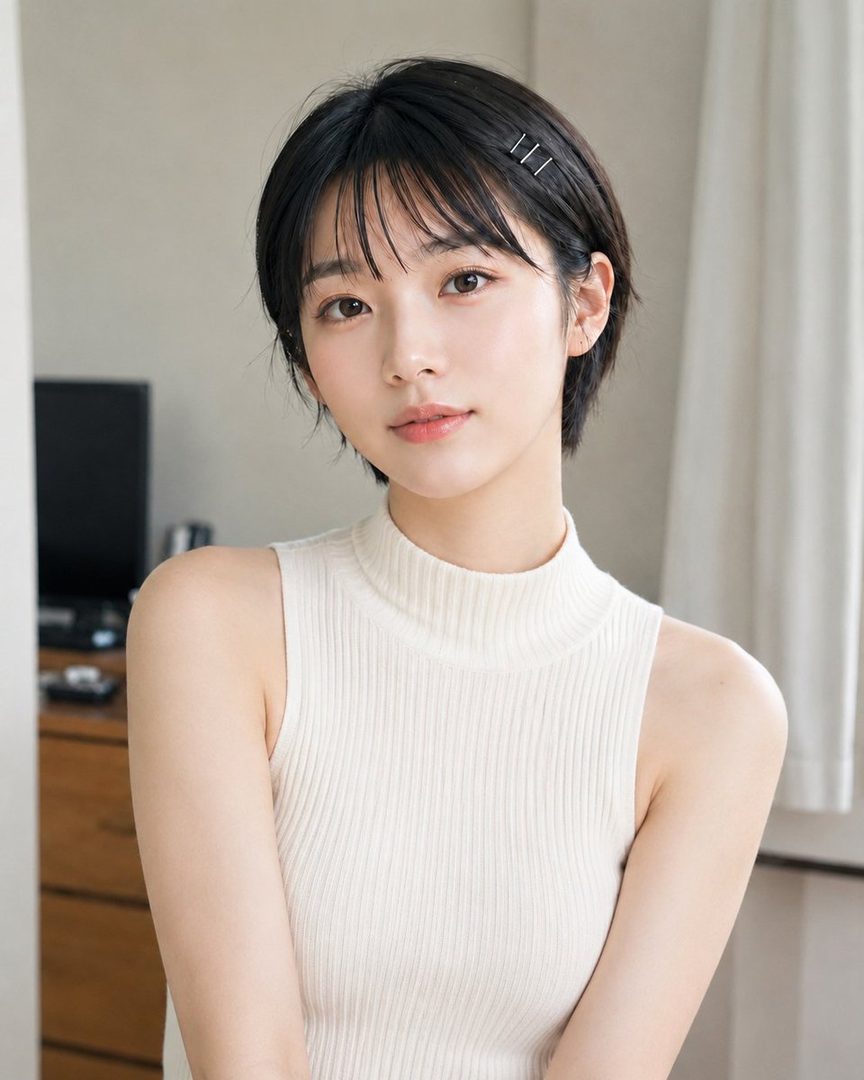 A photorealistic portrait of a young East Asian woman with short black hair and bangs, wearing a white sleeveless knit top, looking directly at the camera.