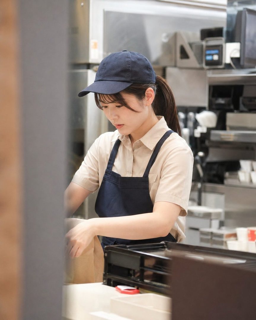 A young woman in a cap and apron works at a fast-food counter, looking down as she handles an order.