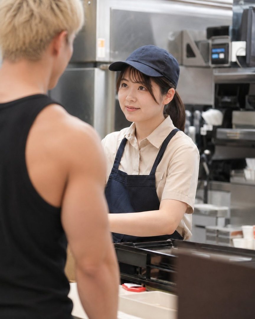 A young woman in a cap and apron smiles while working at a counter, with a man's back visible in the foreground.