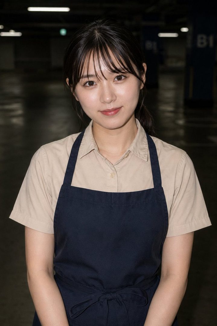 A young woman with black hair and bangs, wearing a beige shirt and a dark blue apron, stands in what appears to be an indoor parking garage.