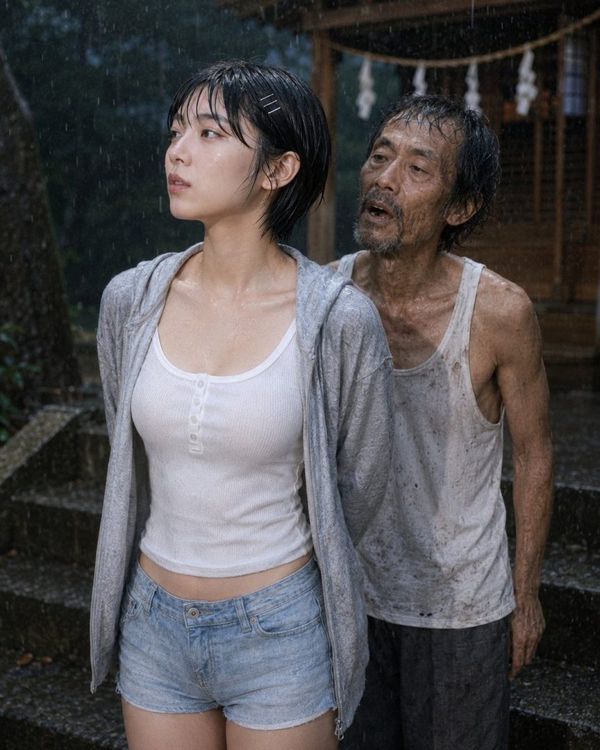 A young woman with short black hair and a man stand in the rain, with the woman wearing a white tank top, grey hoodie, and denim shorts.
