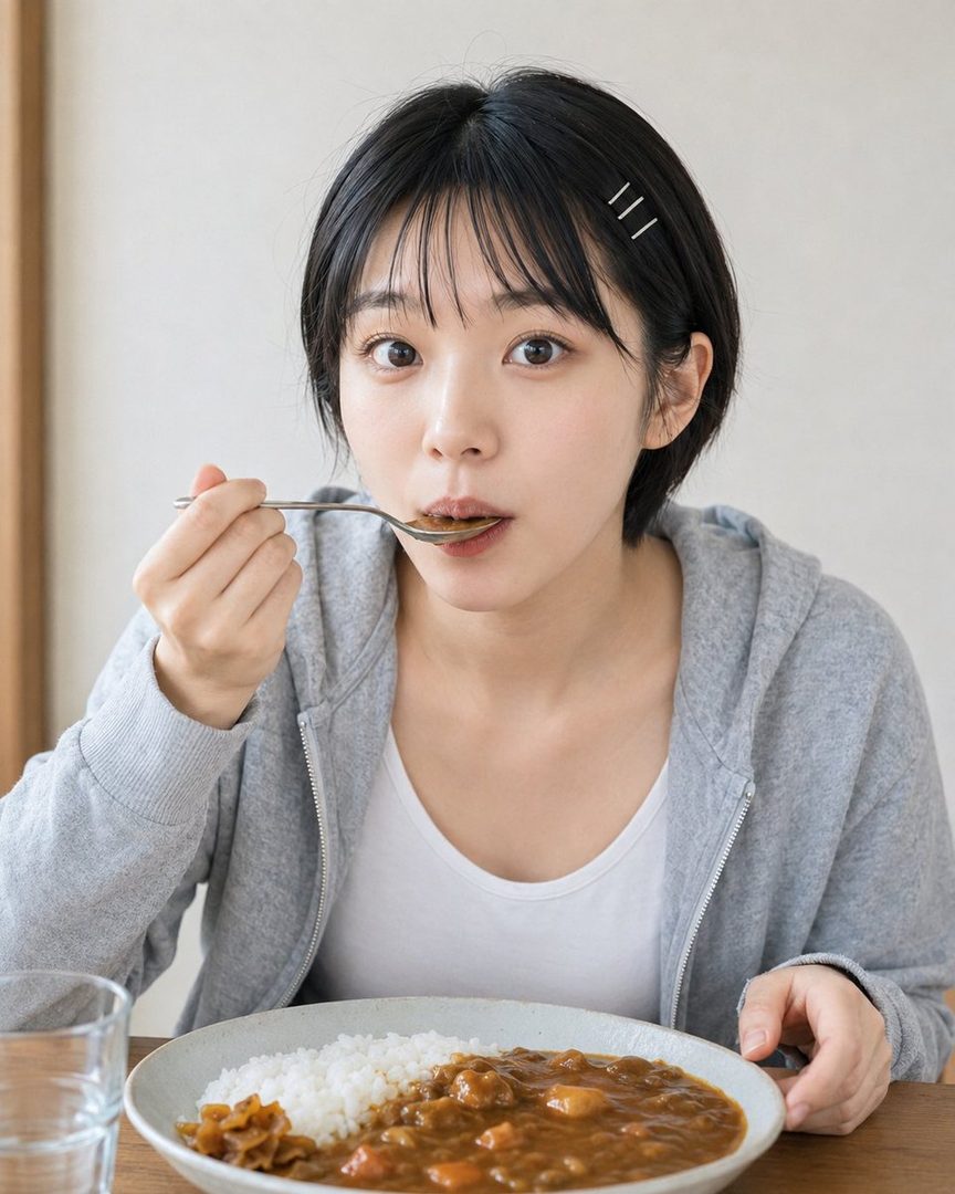 A young woman with short black hair and bangs is eating curry rice with a spoon, wearing a grey hoodie over a white top.