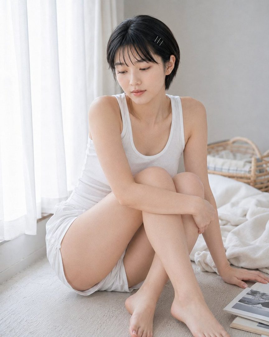 A young woman with short black hair sits on the floor in a white tank top and shorts, looking down thoughtfully.