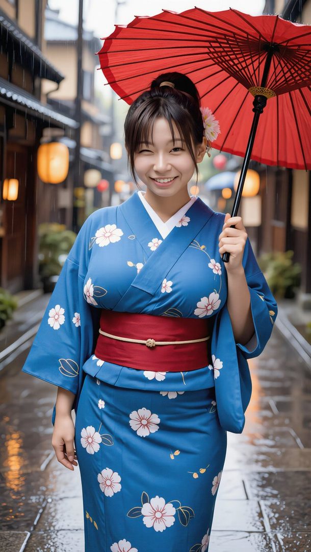 A smiling woman in a blue kimono with white floral patterns holds a red umbrella on a rainy street in Kyoto.