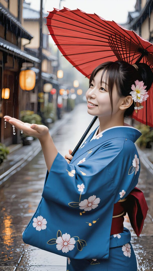 A young woman in a blue kimono with floral patterns holds a red umbrella and smiles while catching raindrops on a rainy street in Japan.