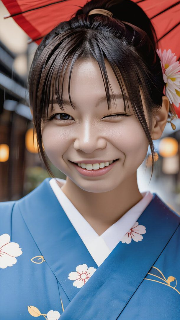 A young woman in a blue kimono with a red umbrella winks at the camera on a street in Kyoto.