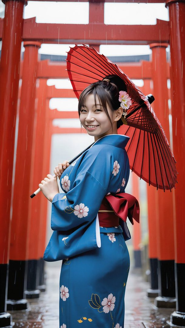 A young woman in a blue kimono with floral patterns holds a red umbrella while standing in the rain amidst a row of red torii gates.