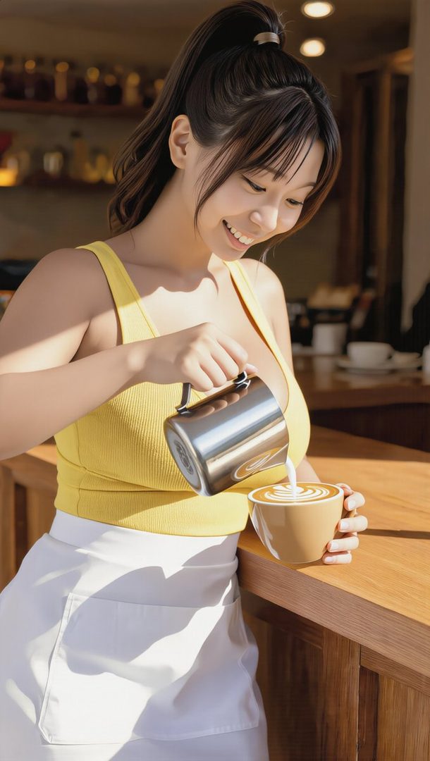 A smiling woman with a ponytail, wearing a yellow top and white apron, pours latte art into a coffee cup at a cafe counter.