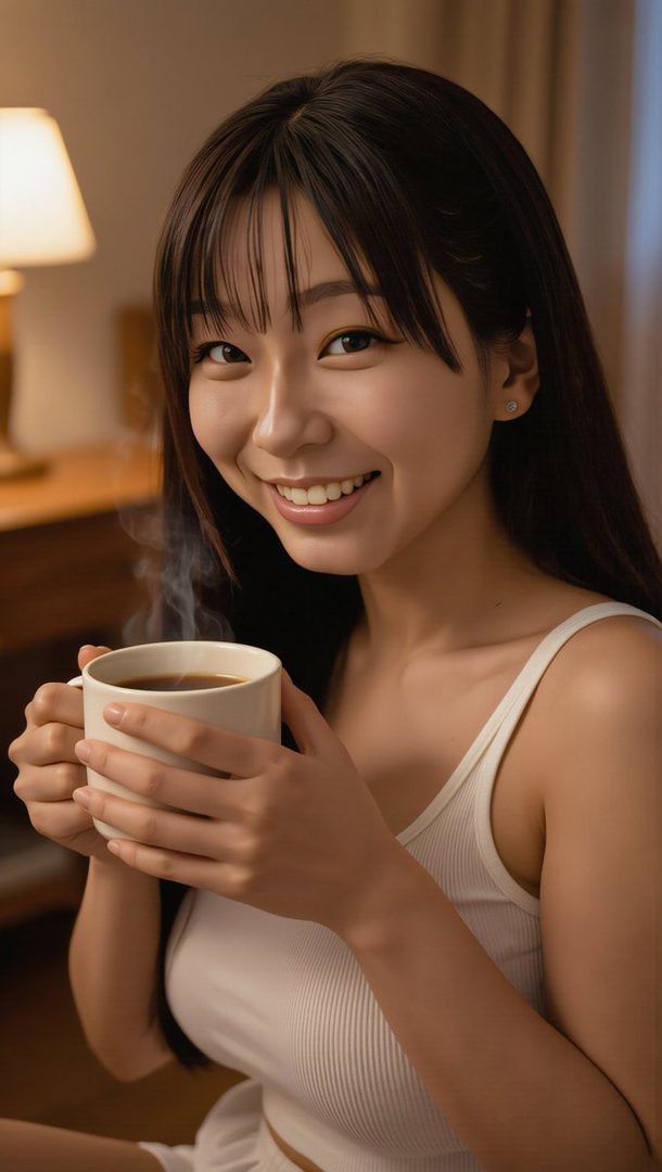 A smiling East Asian woman with long black hair and bangs holds a steaming mug of coffee indoors.
