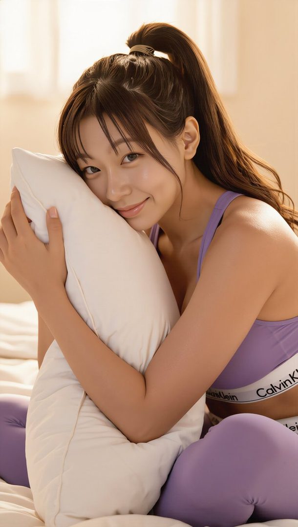 A young woman with brown hair in a ponytail, wearing a purple sports bra and leggings, smiles while hugging a white pillow indoors.