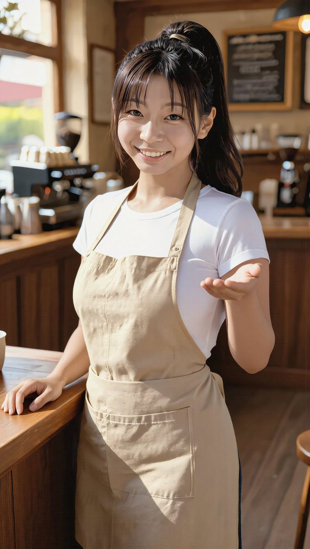 A smiling young woman with dark hair tied in a ponytail and bangs, wearing a white t-shirt and a beige apron, stands behind a wooden counter in a cafe, extending her hand as if welcoming someone.