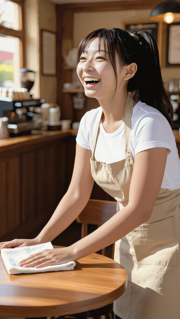 A smiling woman with black hair tied in a ponytail, wearing a white t-shirt and an apron, cleans a table in a cafe.