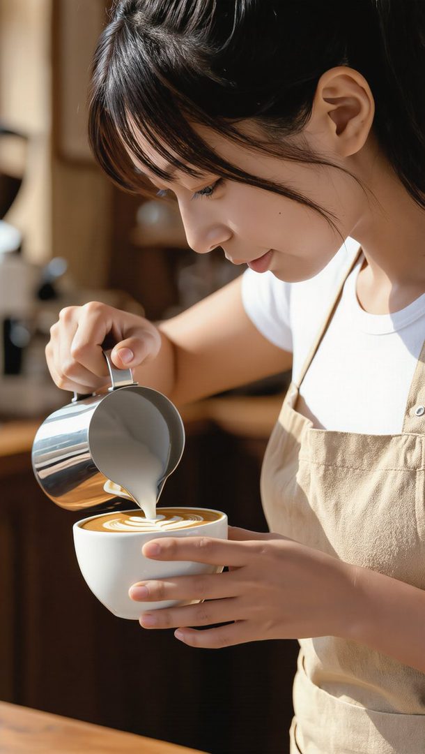 A young woman with black hair and bangs, wearing a white t-shirt and a beige apron, carefully pours milk into a cup of coffee to create latte art.