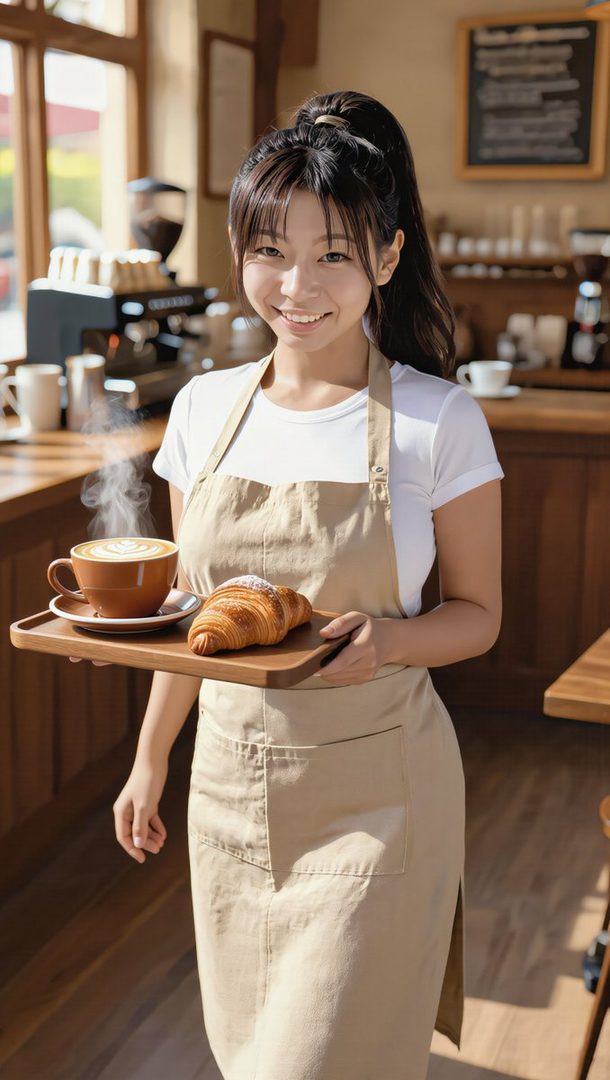 A smiling woman with black hair tied in a ponytail, wearing a white t-shirt and a beige apron, holds a tray with a steaming cup of coffee and a croissant in a cafe.