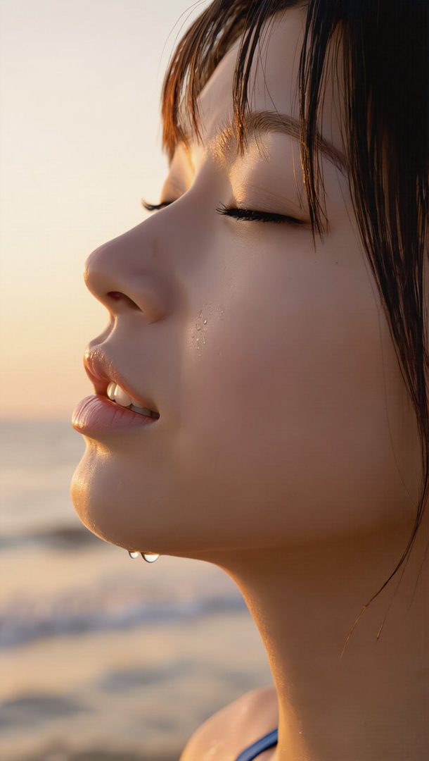A close-up portrait of a woman with wet hair and water droplets on her face, looking serene at golden hour on a beach.