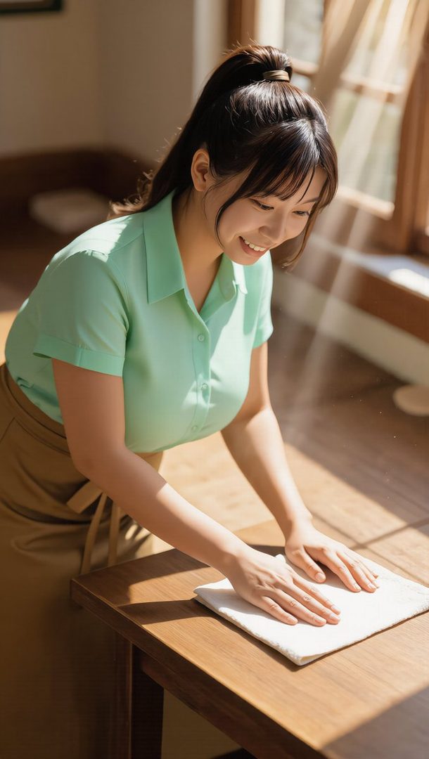 A smiling woman with a ponytail and bangs, wearing a mint green blouse and a brown apron, wiping a wooden table indoors with sunlight streaming in.