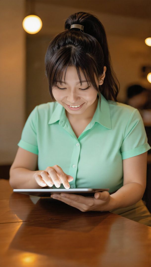 A smiling woman with black hair in a ponytail and bangs, wearing a mint green blouse, is looking down at a tablet while sitting at a wooden table in a cafe.