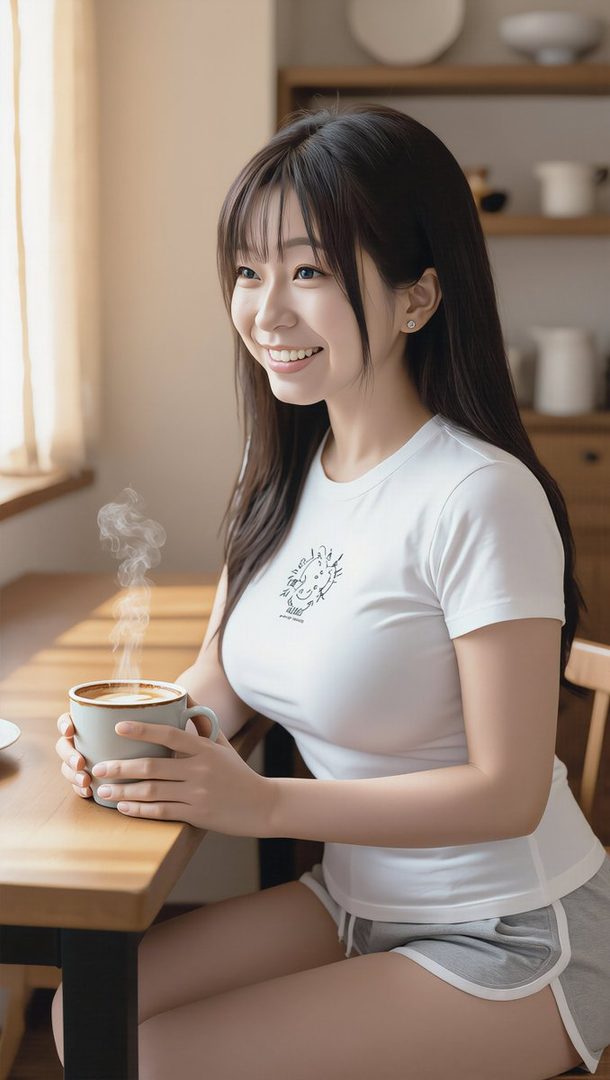 A young woman with long black hair and bangs, wearing a white t-shirt and grey shorts, smiles while holding a steaming cup of coffee at a wooden table indoors.