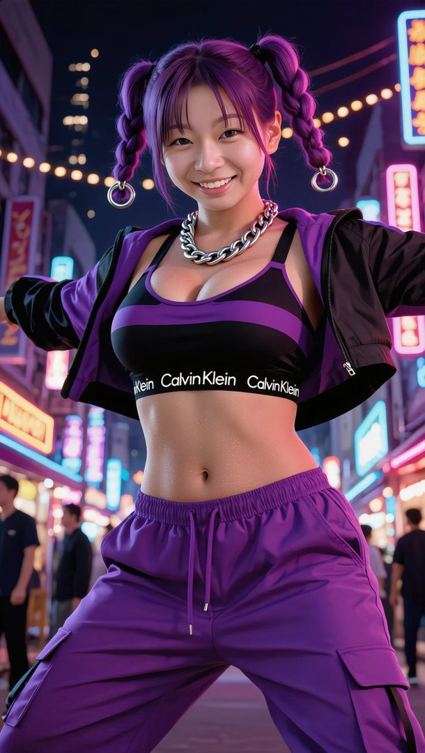 A young woman with purple braided pigtails and a chunky silver necklace smiles brightly while wearing a purple and black sports bra and matching cargo pants on a neon-lit city street at night.