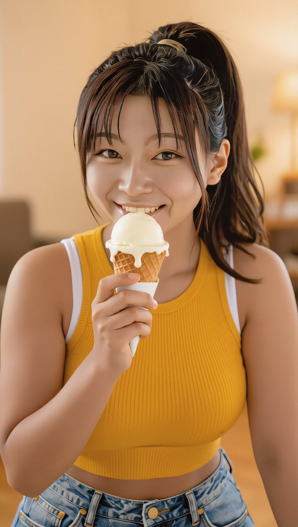 A smiling East Asian woman with brown hair in a ponytail and bangs, wearing a yellow crop top and jeans, holds an ice cream cone indoors.