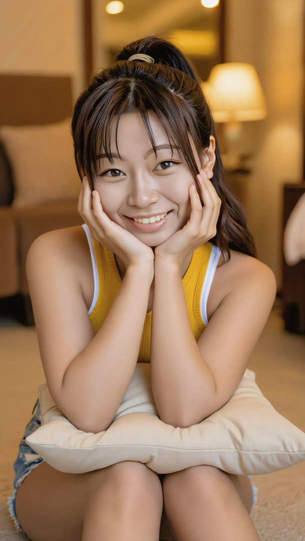 A smiling young Japanese woman with brown hair in a ponytail and bangs, wearing a yellow top, sits on the floor indoors with her chin resting on her hands over a pillow.