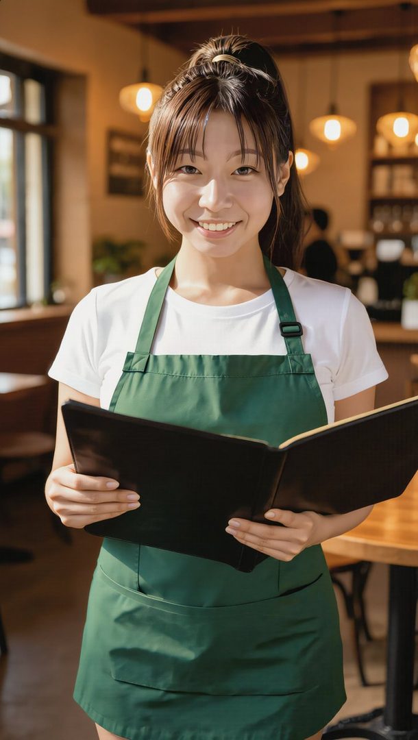 A smiling young woman with brown hair tied in a ponytail and bangs, wearing a white t-shirt and a green apron, holds an open menu in a cafe.