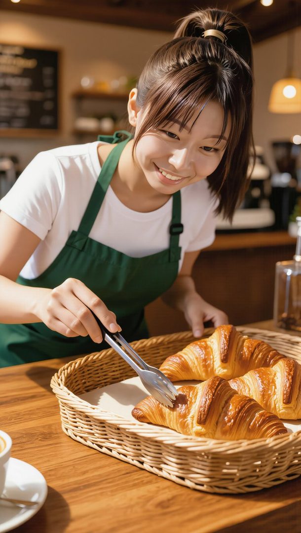 A smiling young woman with brown hair tied in a ponytail, wearing a white t-shirt and a green apron, is using tongs to pick up a croissant from a wicker basket on a wooden table in a cafe.