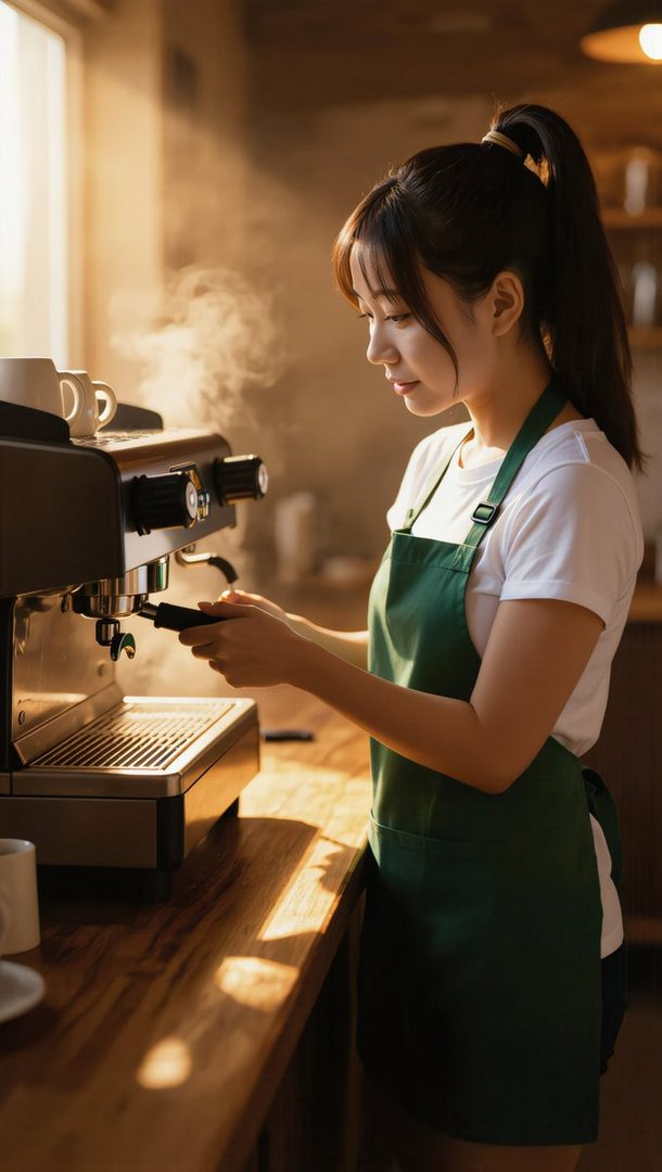 A young woman with brown hair tied in a ponytail and bangs, wearing a green apron over a white t-shirt, is making coffee with an espresso machine in a cafe.