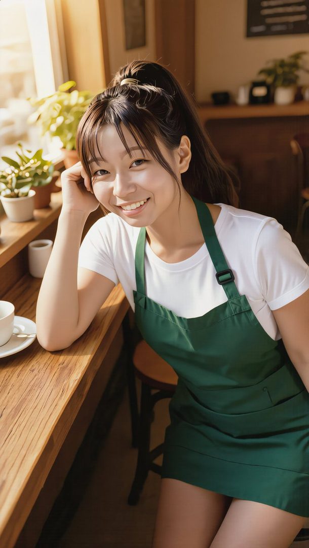 A smiling young woman with brown hair in a ponytail and bangs, wearing a white t-shirt and a green apron, sitting at a wooden counter in a cafe.