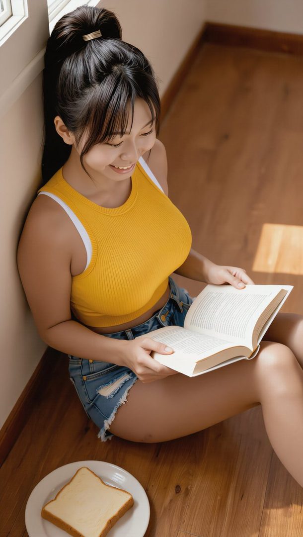 A young woman with black hair tied in a ponytail, wearing a yellow crop top and denim shorts, sits on a wooden floor reading a book with a slice of bread on a plate nearby.