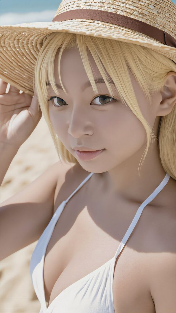 A blonde woman in a straw hat and white bikini top poses on a sunny beach.