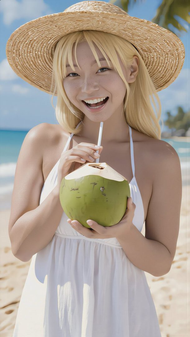A smiling woman with blonde hair and a straw hat holds a coconut drink on a sunny beach.