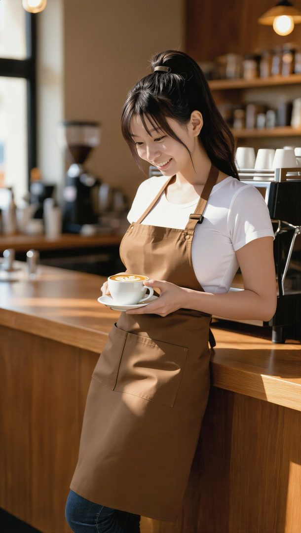 A smiling young woman with black hair tied in a ponytail and bangs, wearing a brown apron over a white t-shirt, holds a cup of latte art in a cafe.