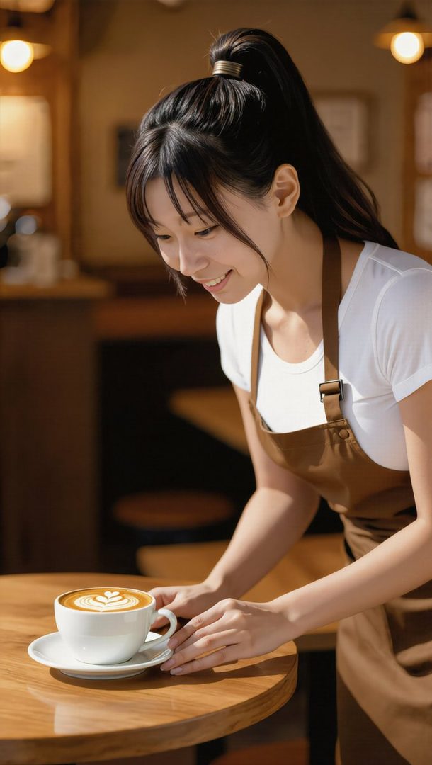 A smiling Japanese barista in a brown apron serves a latte with heart-shaped latte art on a wooden table in a cafe.