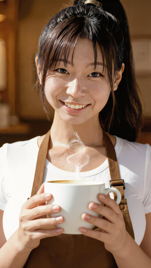 A smiling East Asian woman with black hair in a ponytail and bangs, wearing a white t-shirt and a brown apron, holds a steaming white mug with both hands.