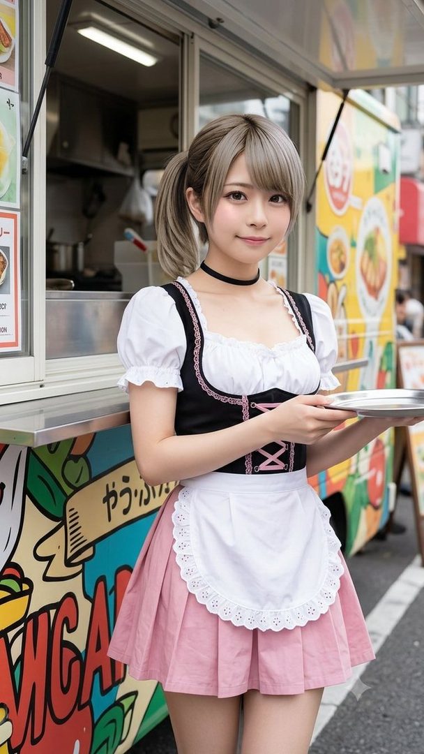 A young woman with blonde hair in a ponytail and bangs, wearing a maid-style outfit with a pink skirt, stands smiling in front of a colorful food truck on a street.