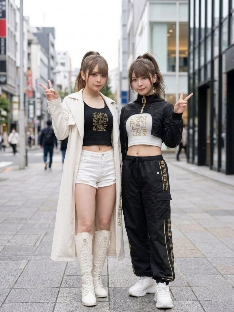 Two young women in casual outfits pose on a city street, making peace signs with their hands.