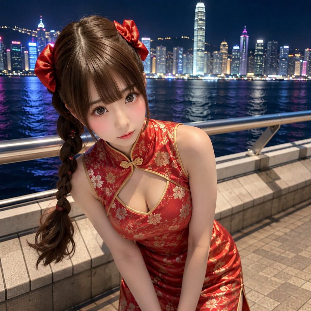 A young woman with braided brown hair and red bows wears a red cheongsam with gold patterns, posing at night with a city skyline in the background.