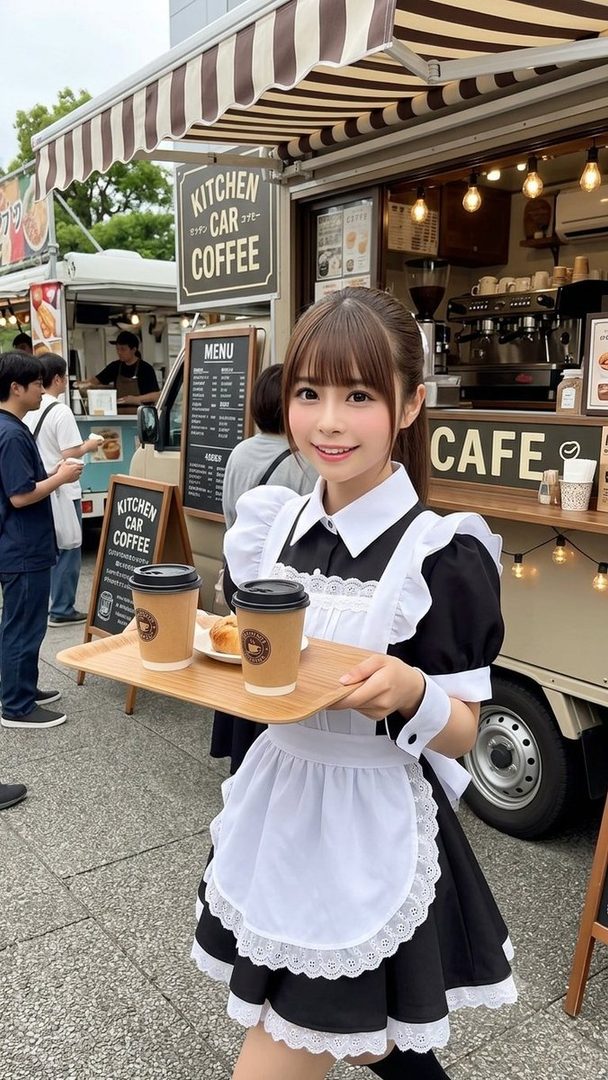 A young woman dressed as a maid holds a tray with two coffee cups and a pastry in front of a coffee food truck.