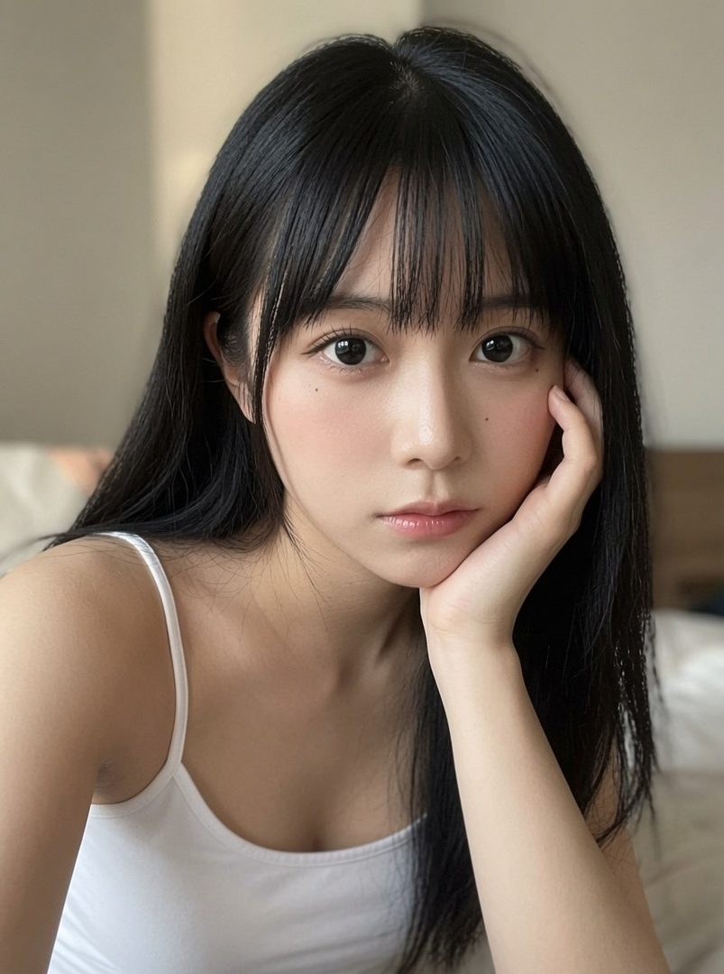 A photorealistic portrait of a young woman with long black hair and bangs, wearing a white tank top, looking directly at the camera with her hand on her chin.
