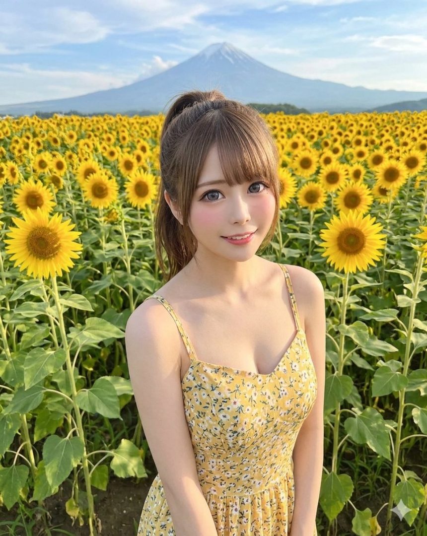 A young woman with brown hair in a ponytail and a yellow floral dress smiles in a sunflower field with Mount Fuji in the background.