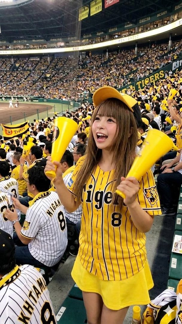 A young woman with long brown hair and bangs, wearing a yellow and black baseball jersey and a yellow skirt, cheers enthusiastically at a baseball game while holding two yellow megaphones.