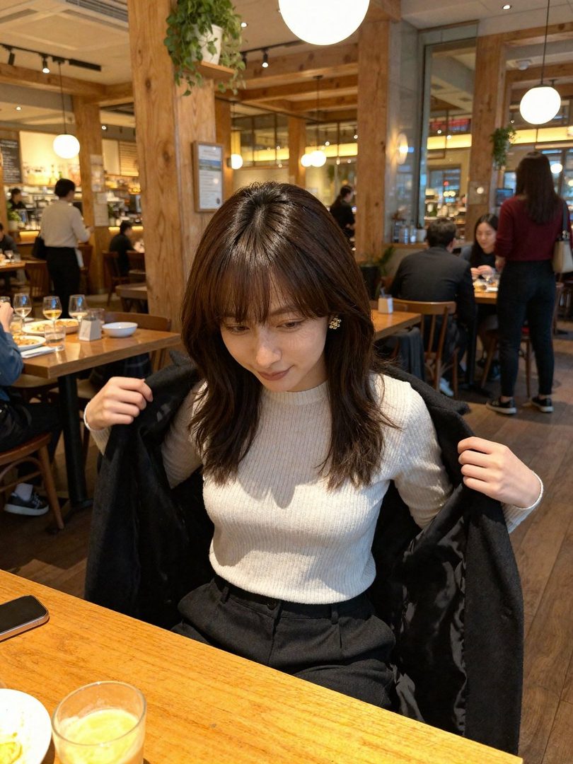 A young woman with long brown hair and bangs, wearing a white knit top and black pants, sits at a wooden table in a cafe, looking down.