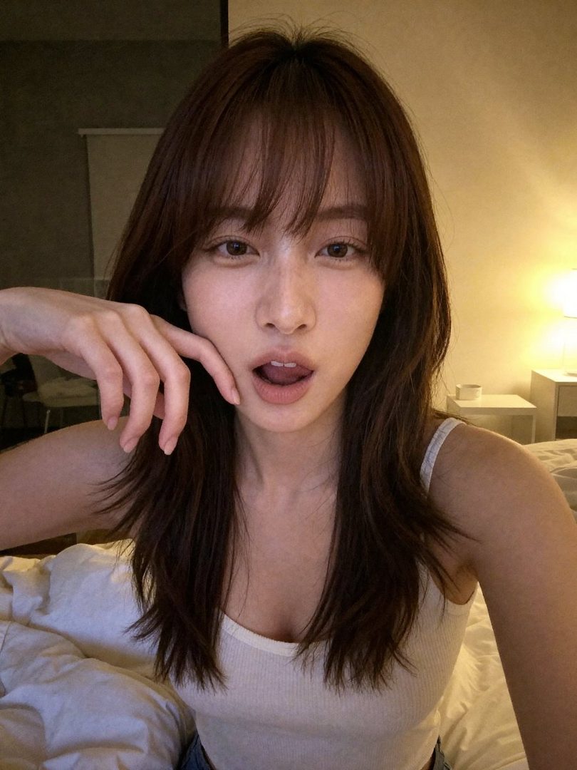 A young woman with long brown hair and bangs takes a selfie indoors, wearing a white knit top and making a playful expression.