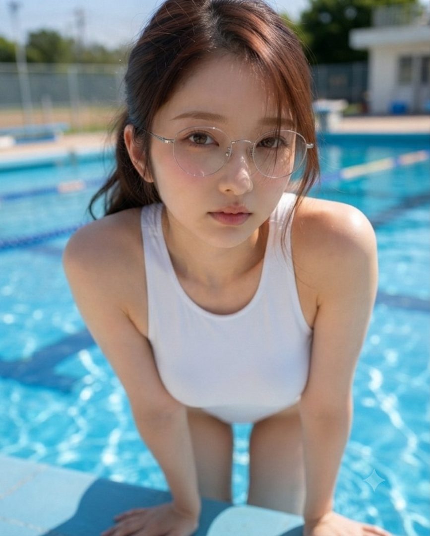 A young woman in a white swimsuit and glasses poses by a swimming pool on a sunny day.