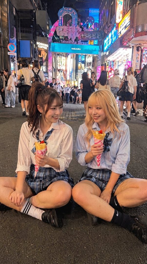 Two young women in school uniforms sit on Takeshita Street in Harajuku at night, eating crepes and smiling.