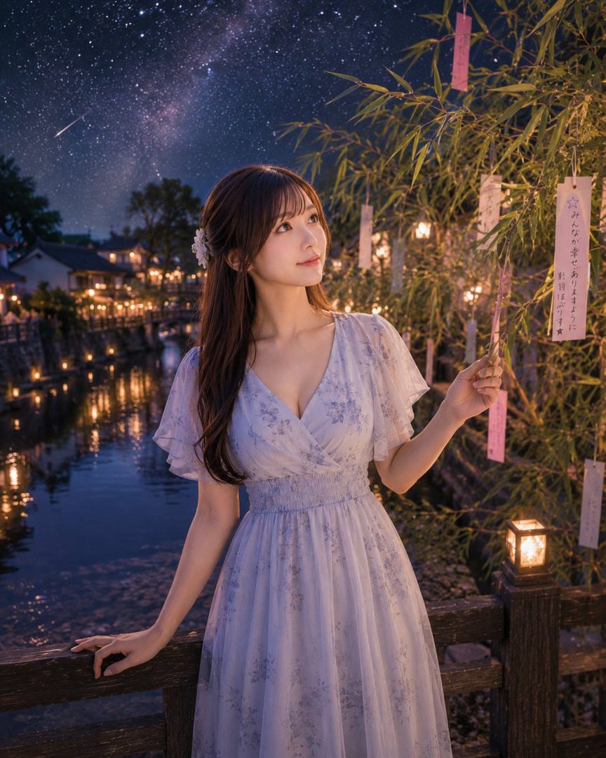 A young woman in a light blue floral dress stands by a river at night, looking up at a starry sky with bamboo decorations.